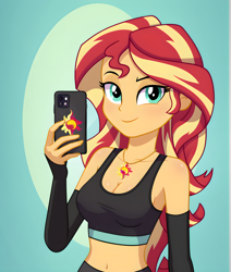 Size: 2816x3320 | Tagged: safe, ai content, derpibooru import, generator:pony diffusion v6 xl, generator:stable diffusion, machine learning generated, sunset shimmer, human, equestria girls, g4, abstract background, bare shoulders, belly, belly button, breasts, cellphone, cleavage, clothes, detached sleeves, midriff, phone, prompter:thismaybeyou, selfie, sleeveless, slender, smartphone, smiling, solo, sports bra, thin