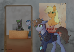 Size: 3508x2480 | Tagged: safe, artist:jjsh, derpibooru import, applejack, oc, oc:littlepip, earth pony, pony, unicorn, fallout equestria, g4, blood, clothes, female, high res, horn, male, mare, pipbuck, poster, stallion, tail, talking