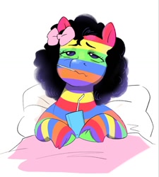 Size: 1198x1330 | Tagged: safe, artist:aztrial, derpibooru import, oc, oc only, earth pony, pony, a bad case of stripes, bed, bow, frown, hair bow, in bed, juice, juice box, lidded eyes, nightmare fuel, rainbow stripes, scary, sick, simple background, solo, unshorn fetlocks, white background