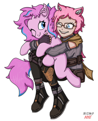 Size: 810x996 | Tagged: safe, artist:nismorose, derpibooru import, oc, oc only, oc:materlia harvest, earth pony, human, pony, cat ears, cheek fluff, clothes, ear fluff, ears, female, freckles, glasses, gloves, highlights, hug, hug from behind, hugging a pony, knee pads, mare, pink body, pink hair, pink mane, scarf, signature, simple background, sweater, transparent background