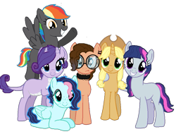 Size: 837x658 | Tagged: safe, artist:wolfieslilponies, derpibooru import, oc, oc only, dracony, earth pony, hybrid, pegasus, pony, unicorn, applejack's hat, base used, choker, clothes, cowboy hat, freckles, glasses, grin, hat, horn, horns, interspecies offspring, looking at you, multicolored hair, next generation, offspring, parent:applejack, parent:cheese sandwich, parent:fluttershy, parent:pinkie pie, parent:rainbow dash, parent:rarity, parent:soarin', parent:spike, parent:thunderlane, parent:twilight sparkle, parent:unknown, parents:cheesepie, parents:soarinshy, parents:sparity, parents:thunderdash, pigtails, rainbow hair, simple background, smiling, smiling at you, transparent background