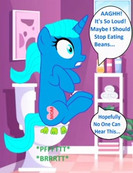 Size: 1368x1768 | Tagged: safe, artist:memeartboi, derpibooru import, pony, unicorn, g4, bathroom, but why, fart, fart cloud, fart noise, female, gassy, heart, heart cutiemark, horn, imminent flush, implied farting, indoors, loud, mare, mother, nicole watterson, onomatopoeia, ponified, scared, sitting, sitting on toilet, solo, solo female, sound effects, species swap, speech bubble, teeth, text, the amazing world of gumball, toilet, toilet humor, unicorn horn, wide eyes