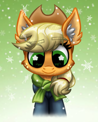 Size: 2000x2500 | Tagged: safe, artist:sunamoonmlp, derpibooru exclusive, derpibooru import, applejack, earth pony, pony, g4, applejack's hat, clothes, cowboy hat, cute, female, hat, mare, scarf, smiling, snow, snowflake, solo, winter, winter outfit