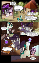 Size: 2520x4096 | Tagged: safe, artist:devi_shade, derpibooru import, oc, oc only, oc:aposolene, oc:bloodmoon lullaby, oc:glacial scratch, bat pony, comic:powerful potion, bat pony oc, comic, crafting, drink, drinking, hat, hut, potion, witch, witch hat