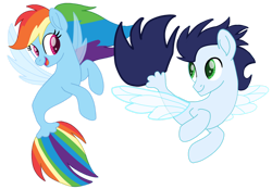 Size: 1280x890 | Tagged: safe, artist:soarindasher10, derpibooru import, rainbow dash, soarin', pony, seapony (g4), g4, female, looking at each other, looking at someone, male, mare, movie accurate, seaponified, seapony rainbow dash, seapony soarin', shipping, simple background, smiling, smiling at each other, soarindash, species swap, stallion, straight, transparent background