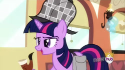 Size: 854x480 | Tagged: safe, derpibooru import, edit, edited screencap, screencap, twilight sparkle, unicorn twilight, pony, unicorn, g4, mmmystery on the friendship express, bag, bubble pipe, deerstalker, detective, female, hat, hub logo, logo, my little pony: friendship is magic, pipe, saddle bag, sherlock holmes, sherlock sparkle, solo, the hub