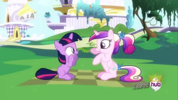 Size: 854x480 | Tagged: safe, derpibooru import, edit, edited screencap, screencap, princess cadance, twilight sparkle, unicorn twilight, alicorn, pony, unicorn, a canterlot wedding, g4, duo, female, filly, foal, hub logo, logo, my little pony: friendship is magic, sunshine sunshine, teen princess cadance, the hub