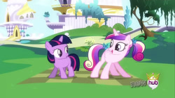 Size: 854x480 | Tagged: safe, derpibooru import, edit, edited screencap, screencap, princess cadance, twilight sparkle, unicorn twilight, alicorn, pony, unicorn, a canterlot wedding, g4, duo, female, horn, hub logo, logo, my little pony: friendship is magic, sunshine sunshine, teen princess cadance, the hub