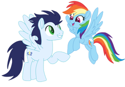 Size: 1280x890 | Tagged: safe, artist:soarindasher10, derpibooru import, rainbow dash, soarin', pegasus, pony, g4, duo, female, flying, looking at each other, looking at someone, male, mare, movie accurate, shipping, simple background, smiling, smiling at each other, soarindash, stallion, straight, transparent background