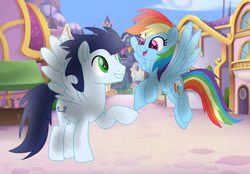 Size: 1280x890 | Tagged: safe, artist:soarindasher10, derpibooru import, rainbow dash, soarin', pegasus, pony, cute, dashabetes, duo, female, flying, gender equality, heartwarming, looking at each other, looking at someone, male, mare, movie accurate, rainbow dash is best pony, rainbow sass, shipping, smiling, smiling at each other, soarinbetes, soarindash, stallion, straight, sweet dreams fuel