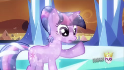 Size: 854x480 | Tagged: safe, derpibooru import, edit, edited screencap, screencap, twilight sparkle, unicorn twilight, crystal pony, pony, unicorn, g4, the crystal empire, crystallized, female, horn, hub logo, logo, my little pony: friendship is magic, solo, the hub