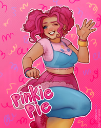 Size: 1280x1625 | Tagged: safe, artist:fulfisilly, derpibooru import, pinkie pie, human, alternate hairstyle, bracelet, breasts, clothes, cute, deviantart watermark, diapinkes, ear piercing, earring, female, grin, humanized, jewelry, leggings, midriff, nail polish, obtrusive watermark, one eye closed, piercing, roller skates, shirt, skates, skirt, smiling, solo, watermark, wink, wristband