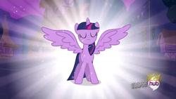 Size: 1280x720 | Tagged: safe, derpibooru import, screencap, twilight sparkle, twilight sparkle (alicorn), alicorn, pony, g4, magical mystery cure, eyes closed, female, hub logo, logo, mare, my little pony: friendship is magic, solo, the hub