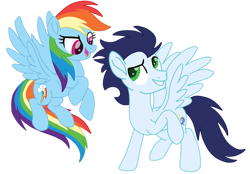 Size: 1280x890 | Tagged: safe, artist:soarindasher10, derpibooru import, rainbow dash, soarin', pegasus, pony, duo, female, flying, looking at each other, looking at someone, male, mare, movie accurate, shipping, simple background, smiling, smiling at each other, soarindash, stallion, straight, transparent background