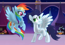 Size: 1280x890 | Tagged: safe, artist:soarindasher10, derpibooru import, rainbow dash, soarin', pegasus, pony, cute, duo, female, flying, gender equality, heartwarming, looking at each other, looking at someone, male, mare, movie accurate, rainbow dash is best pony, shipping, smiling, smiling at each other, soarinbetes, soarindash, stallion, straight, sweet dreams fuel