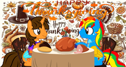 Size: 6165x3291 | Tagged: safe, artist:shieldwingarmorofgod, derpibooru import, oc, oc only, oc:ej, oc:shield wing, alicorn, bird, g4, food, ham, holiday, looking at each other, looking at someone, male, meat, pumpkin pie, table, thanksgiving, turkey