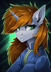 Size: 2480x3508 | Tagged: safe, artist:buvanybu, derpibooru import, oc, oc only, oc:littlepip, pony, unicorn, fallout equestria, bust, clothes, female, horn, jumpsuit, mare, solo, unicorn oc, vault suit