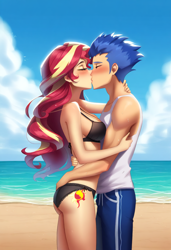 Size: 832x1216 | Tagged: safe, ai content, derpibooru import, machine learning generated, flash sentry, sunset shimmer, equestria girls, g4, bare shoulders, female, flashimmer, kissing, male, prompter:siren-module, shipping, sleeveless, straight