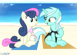 Size: 1778x1274 | Tagged: safe, artist:stephen-fisher, derpibooru import, bon bon, lyra heartstrings, sweetie drops, earth pony, unicorn, beach, beach towel, clothes, duo, duo female, female, horn, lesbian, lyrabon, ocean, sand, shipping, swimsuit, water