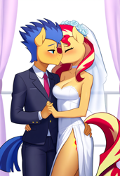 Size: 832x1216 | Tagged: safe, ai content, derpibooru import, machine learning generated, flash sentry, sunset shimmer, anthro, female, flashimmer, male, marriage, prompter:siren-module, shipping, straight, wedding