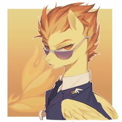 Size: 2480x2480 | Tagged: safe, artist:qi55413072, derpibooru import, spitfire, pegasus, pony, g4, bowtie, bust, clothes, collared shirt, cutie mark background, female, glasses, gradient background, looking at you, mare, necktie, out of frame, outline, passepartout, pin, portrait, shirt, solo, spitfire's tie, uniform, whistle, white outline, wonderbolts dress uniform