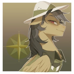 Size: 2480x2480 | Tagged: safe, artist:qi55413072, derpibooru import, daring do, pegasus, pony, g4, aside glance, bust, clothes, collared shirt, cutie mark background, explorer outfit, female, gradient background, hat, looking at you, mare, out of frame, outline, passepartout, portrait, shirt, solo, white outline