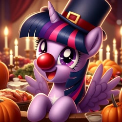 Size: 1024x1024 | Tagged: safe, ai content, derpibooru import, generator:bing image creator, generator:dall-e 3, machine learning generated, twilight sparkle, twilight sparkle (alicorn), alicorn, g4, candle, clown, clown nose, female, hat, holiday, horn, mare, prompter:heydude5321, pumpkin, red nose, solo, thanksgiving, wings