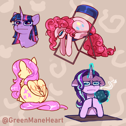 Size: 2646x2634 | Tagged: safe, artist:greenmaneheart, derpibooru import, fluttershy, pinkie pie, starlight glimmer, twilight sparkle, g4, :i, chair, chocolate, drink, empathy cocoa, food, glowing, glowing horn, hooves together, horn, hot chocolate, i mean i see, magic, signature, slouching, telekinesis