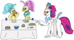 Size: 2919x1617 | Tagged: safe, artist:supahdonarudo, derpibooru import, ocean flow, princess skystar, queen novo, classical hippogriff, hippogriff, g4, corn, cup, food, hippogriff ocean flow, holiday, mashed potatoes, pie, plate, potato, redraw, simple background, table, thanksgiving, transparent background