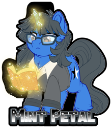 Size: 2533x2881 | Tagged: safe, artist:thehaywaiianhorse, derpibooru import, oc, oc only, oc:mint petal, pony, unicorn, book, clothes, glasses, glowing, glowing horn, horn, magic, solo, suit, unshorn fetlocks