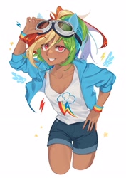 Size: 2480x3508 | Tagged: safe, artist:qi55413072, derpibooru import, rainbow dash, human, equestria girls, g4, bishoujo, clothes, cute, dashabetes, feminism, goggles, hoodie, humanized, open hoodie, rainbow dash is best human, rainbow sass, shorts, simple background, solo, tanktop, white background