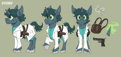 Size: 3876x1848 | Tagged: safe, artist:hallowraith, derpibooru import, oc, oc only, oc:stitches (sireland), unicorn, fallout equestria, bag, fallout equestria oc, fallout equestria: sireland, green eyes, green fur, green mane, holster, horn, medic, reference sheet, saddle bag, solo, turnaround, unicorn oc, weapon