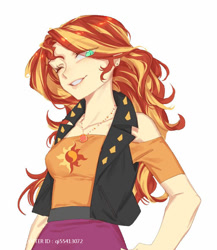 Size: 750x866 | Tagged: safe, artist:qi55413072, derpibooru import, sunset shimmer, human, equestria girls, g4, eye clipping through hair, grin, one eye closed, simple background, smiling, solo, white background, wink