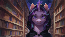 Size: 904x512 | Tagged: safe, ai content, derpibooru import, machine learning generated, starlight glimmer, pony, unicorn, g4, bookshelf, cloak, female, glowing, glowing horn, hood, horn, indoors, library, looking at you, mare, prompter:ilham470