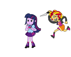 Size: 1060x838 | Tagged: safe, artist:cheesesauce_45, derpibooru import, sunset shimmer, twilight sparkle, human, equestria girls, g4, duo, duo female, evil smile, female, grin, imminent stabbing, knife, running, simple background, smiling, this will end in death, this will end in tears, this will end in tears and/or death, white background