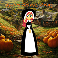 Size: 4024x4024 | Tagged: safe, artist:cartoonmasterv3, derpibooru import, sunset shimmer, human, equestria girls, g4, clothes, dress, gown, holiday, long dress, long skirt, pilgrim outfit, skirt, solo, thanksgiving, thanksgiving 2024