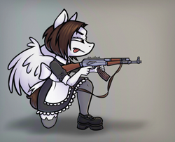 Size: 1583x1281 | Tagged: safe, artist:erichkaofficial, derpibooru import, oc, oc only, anthro, pegasus, ak, ak-47, assault rifle, clothes, gun, maid, rifle, solo, weapon