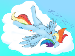 Size: 2520x1869 | Tagged: safe, artist:eels, derpibooru import, rainbow dash, pegasus, pony, g4, belly, cloud, drool, drool on face, drool string, female, hoof on belly, majestic as fuck, mare, on a cloud, open mouth, scratching, sleeping, sleeping on a cloud, snoring, snot bubble, solo