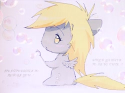 Size: 2922x2174 | Tagged: safe, artist:ieatedyuripizza, derpibooru import, derpy hooves, pegasus, pony, g4, blowing bubbles, bubble, chibi, cute, derpabetes, female, full body, mare, side view, sitting, solo