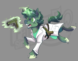 Size: 1873x1463 | Tagged: safe, artist:hallowraith, derpibooru import, oc, oc only, oc:stitches (sireland), unicorn, fallout equestria, fallout equestria oc, fallout equestria: sireland, freckles, green fur, green mane, gun, handgun, holster, horn, medic, pistol, solo, unicorn oc, weapon