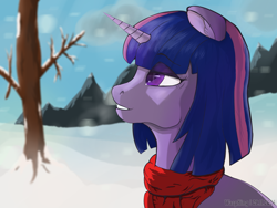 Size: 2400x1800 | Tagged: safe, artist:waspking, derpibooru import, twilight sparkle, pony, unicorn, g4, bobcut, clothes, cloud, horn, mountain, mountain range, scarf, scenery, short hair, smiling, smirk, snow, solo, tree