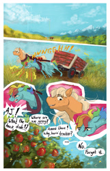 Size: 2000x3100 | Tagged: safe, artist:seventozen, derpibooru import, applejack, rainbow dash, pony, comic:the problem of parthus, apple, cart, comic, food