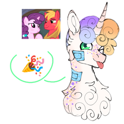 Size: 1280x1278 | Tagged: safe, artist:malinraf1615, derpibooru import, big macintosh, sugar belle, oc, pony, unicorn, bandaid, bust, female, horn, male, offspring, one eye closed, parent:big macintosh, parent:sugar belle, parents:sugarmac, portrait, shipping, simple background, straight, sugarmac, transparent background, wink