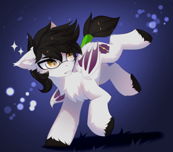 Size: 4815x4236 | Tagged: safe, alternate version, artist:empress-twilight, derpibooru import, oc, oc only, oc:jolting madness, bat pony, pony, bat pony oc, black hooves, black mane, black tail, bucking, butt fluff, cheek fluff, chest fluff, claws, colored hooves, colored wings, commission, ear fluff, ear tufts, ears, eye clipping through hair, eyebrows, eyebrows visible through hair, fangs, frown, glasses, golden eyes, gradient background, gradient wings, head turn, hock fluff, hooves, leg fluff, looking back, male, male oc, shiny mane, shiny tail, slit eyes, sparkles, stallion, stallion oc, standing, standing on one leg, tail, tail wrap, tied tail, two toned wings, unshorn fetlocks, white coat, wing claws, wings, ych result