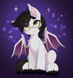 Size: 3932x4182 | Tagged: safe, alternate version, artist:empress-twilight, derpibooru import, oc, oc only, oc:jolting madness, bat pony, pony, bat pony oc, bat wings, black mane, black tail, cheek fluff, chest fluff, claws, colored hooves, colored wings, commission, ear fluff, ear tufts, ears, eye clipping through hair, eyebrows, eyebrows visible through hair, fangs, glasses, gradient eyes, gradient wings, hooves, leg fluff, looking at you, male, shiny eyes, sitting, slit eyes, smiling, smiling at you, solo, sparkles, spread wings, stallion, tail, tail wrap, tied tail, unshorn fetlocks, white coat, wing claws, wings, ych result