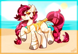 Size: 2000x1396 | Tagged: safe, artist:ezzerie, derpibooru import, oc, oc only, oc:deja vu, pony, zebra, beach, clothes, gold, jewelry, ocean, smiling, smirk, solo, swimsuit, water, zebra oc