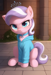 Size: 832x1216 | Tagged: safe, ai content, derpibooru import, machine learning generated, diamond tiara, earth pony, pony, g4, angry, anonymous prompter, brick wall, chest fluff, choker, clothes, cute, diamondbetes, ear fluff, ears, female, filly, foal, frown, hoodie, jewelry, looking at you, madorable, scowl, sitting, solo, tiara