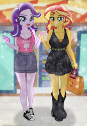 Size: 8000x11556 | Tagged: safe, artist:emeraldblast63, derpibooru import, starlight glimmer, sunset shimmer, human, equestria girls, g4, 28 years old (girls), 29 years old (girls), adult, adult female, adult starlight, adult sunset, age difference, barbie, boots, breasts, cellphone, clothes, converse, denim, denim shorts, dress, duo, duo adult, duo female, eyeshadow, fashion, female, hand holding, happy, holding, kelly sheridan, mall, minidress, open mouth, open smile, phone, proud, public, purple eyeshadow, reasonably sized breasts, rebecca shoichet, shoes, shopping, shopping bag, short pants, shorts, smartphone, smiling, starlight jiggler, sunset jiggler, tanktop, teeth, two toned hair, two toned hair (cyan and purple), two toned hair (red and yellow), voice actor joke