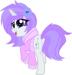 Size: 1799x1860 | Tagged: safe, artist:tkn297, derpibooru import, oc, oc:pastel note, pony, unicorn, butt, clothes, female, headphones, hoodie, horn, mare, open mouth, plot, simple background, solo, transparent background