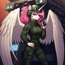 Size: 1024x1024 | Tagged: safe, ai content, derpibooru import, machine learning generated, princess celestia, alicorn, anthro, series:g.i. pony: a real equestrian hero, clothes, cosplay, costume, female, g.i. joe, general hawk, generator:google imagen 3.0, hand on hip, helmet, military uniform, pink-mane celestia, prompter:zerowinger, smiling, smirk, solo, spread wings, uniform, walkie talkie, wings